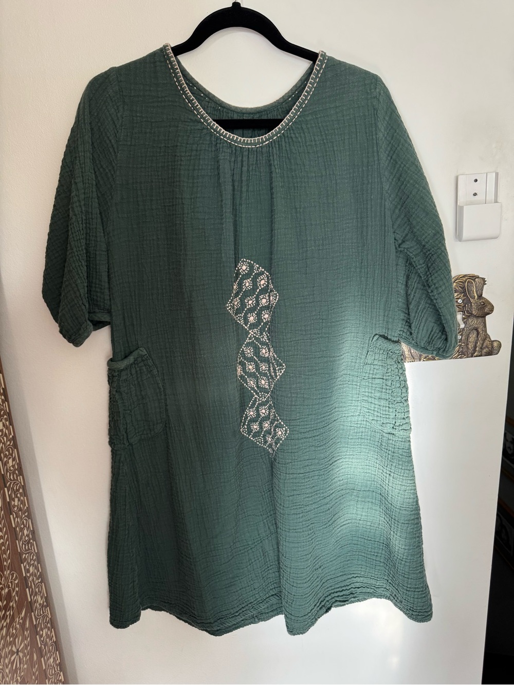 Women’s Green Textured Cotton Embroidered Dress or Tunic